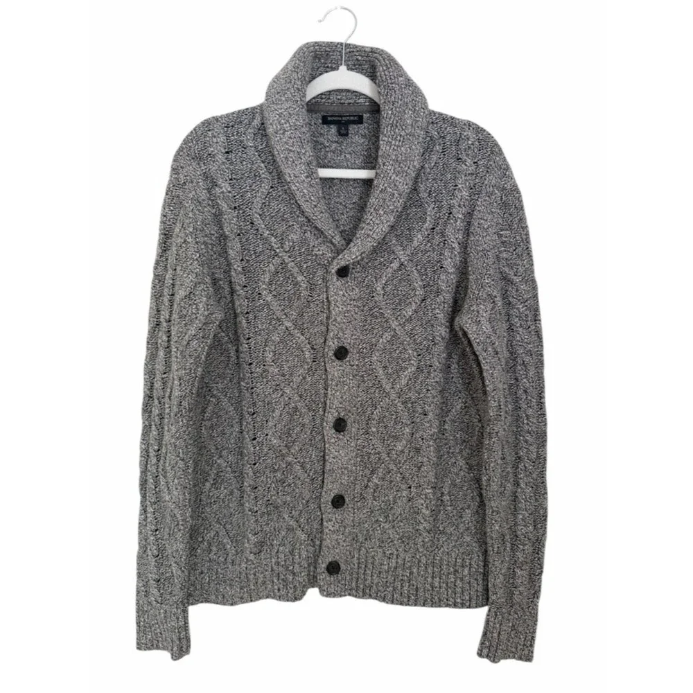 Banana Republic Shawl Collar Cardigan Mens L Gray Cable Knit Wool Blend